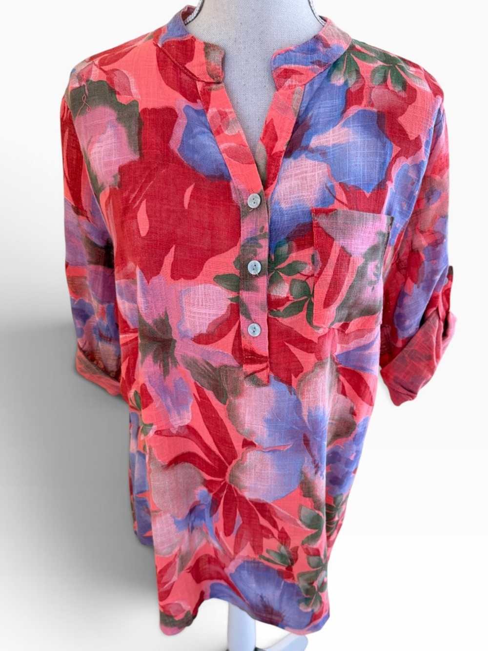 Italy Moda Pink/Red Cotton Floral Popover Shirt OS